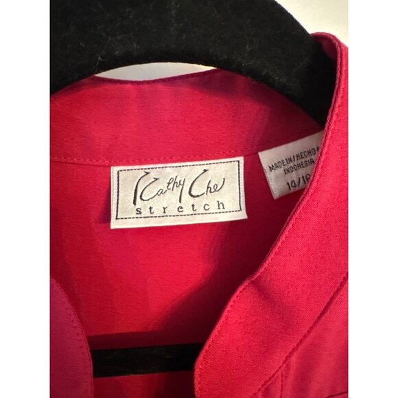 Kathy Che Button-Up Red Tunic Shirt 14/16W Mandarin Collar Roll Tab Sleeves - Picture 3 of 10